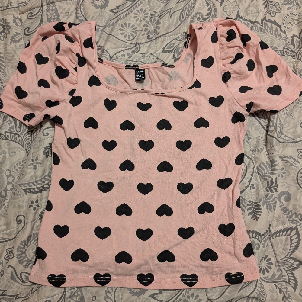 Shein Heart Print Puff Sleeve Tee